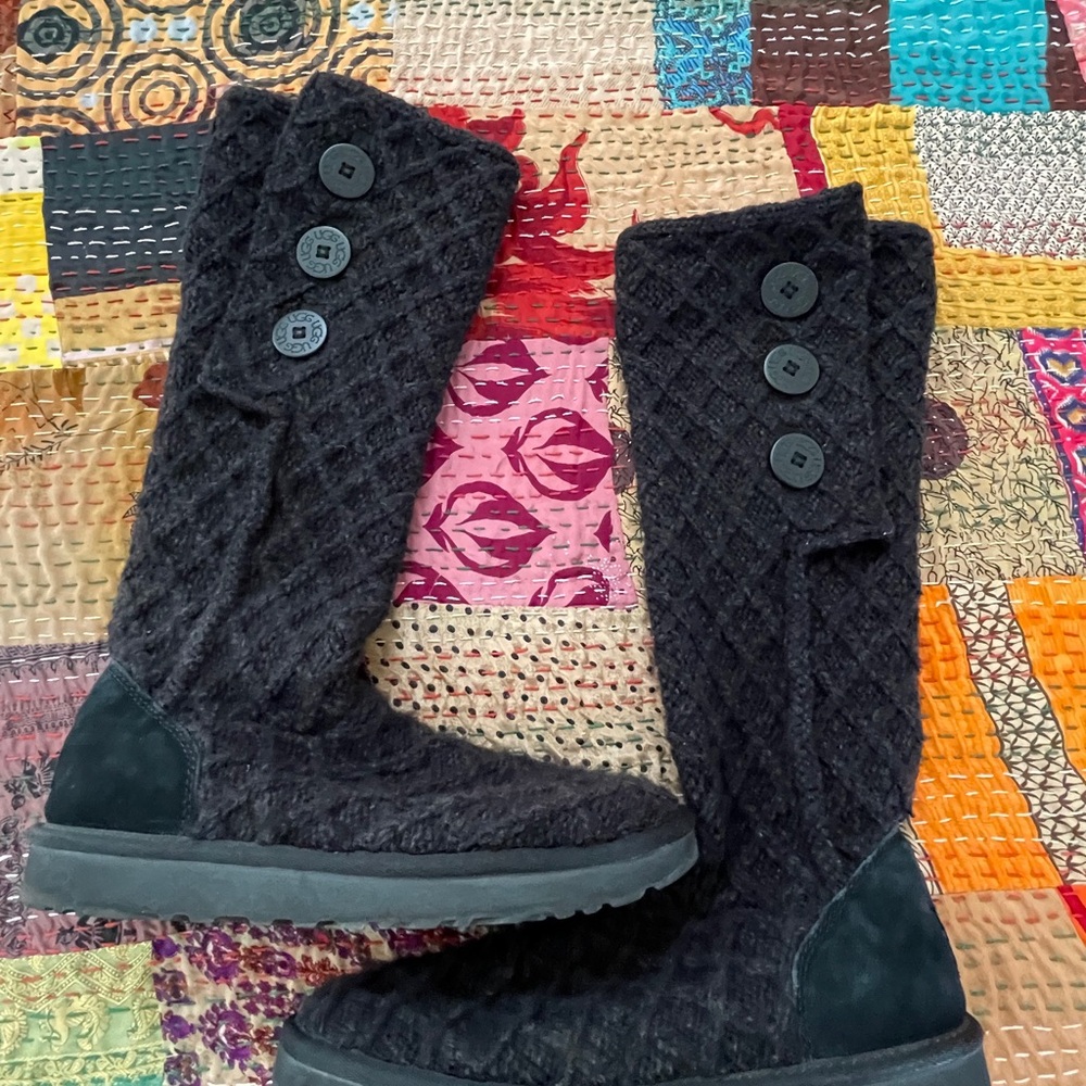 UGG Black Knit Buttoned Tall Boots - Women